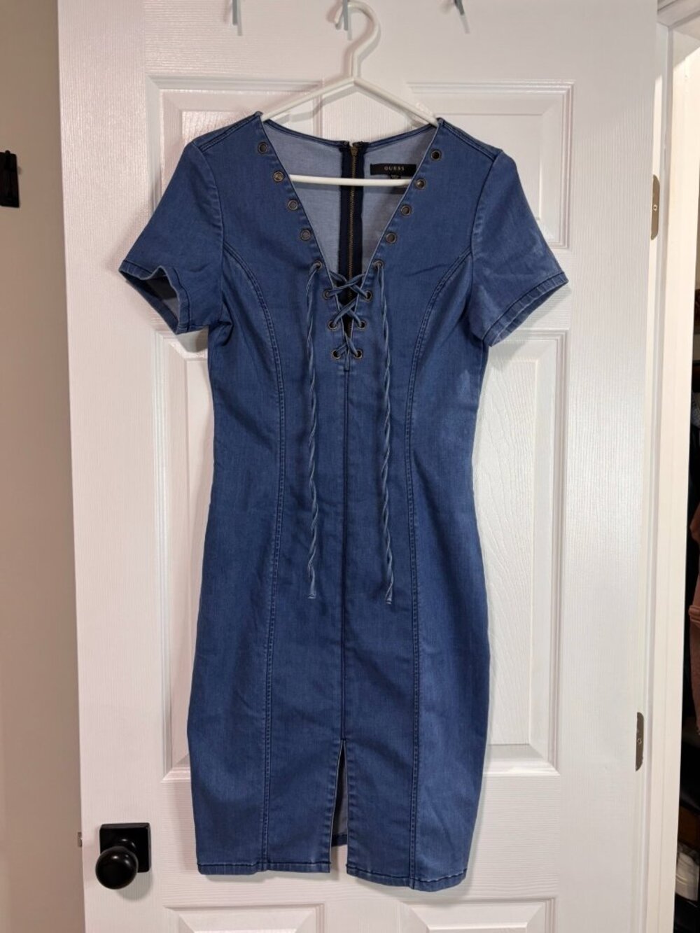 Guess Denim Lace-Up Bodycon Midi Dress with Front Slit (Size 6)